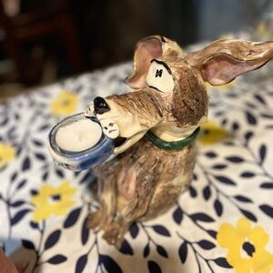 Heather Goldminc ceramic dog with dish tealight holder. Blue sky clayworks